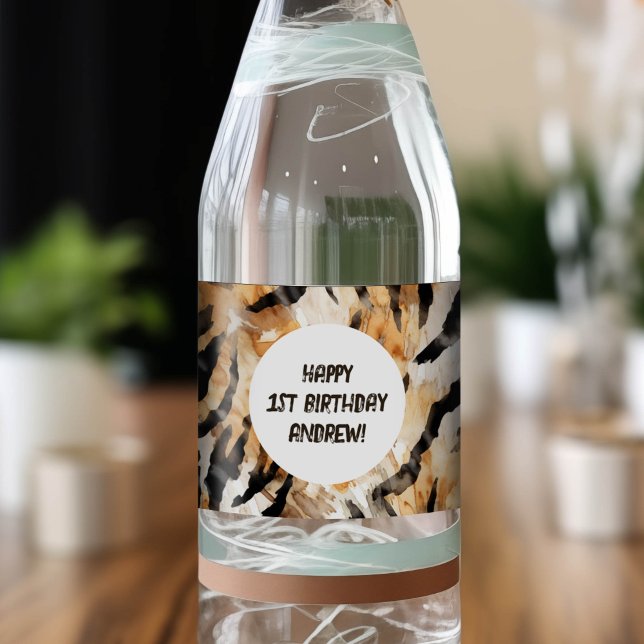 Rótulo Para Garrafa D'água Padrão de pele mais alto, primeiro aniversario Saf (Tiger skin pattern, Wild One Boy 1st birthday favor box.)
