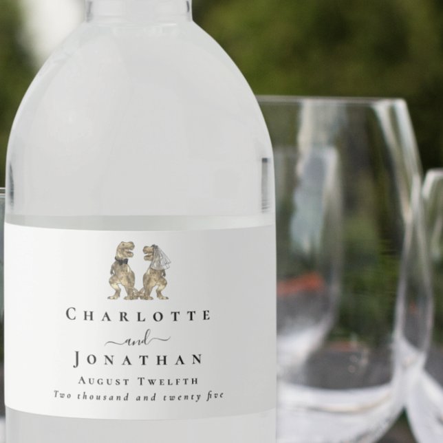 Rótulo Para Garrafa D'água Personalização de Casamento de Tema Dinossauro (Dinosaur wedding personalized big water bottle labels modern Elegant script T-Rex bride and groom)