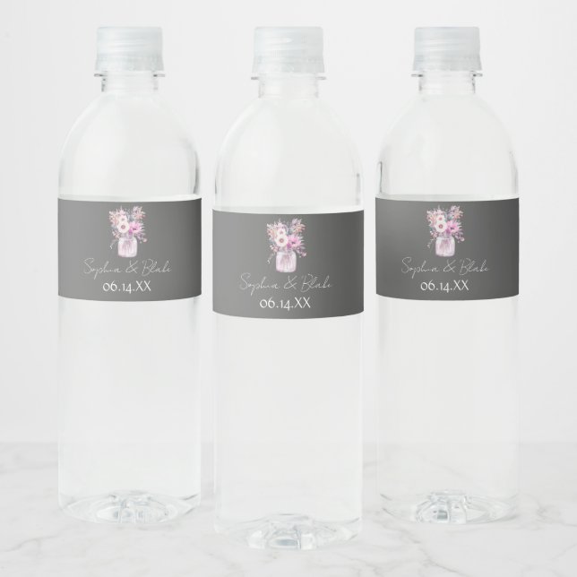 Rótulo Para Garrafa D'água Potes de Mason com Flores Cinza (Garrafas)