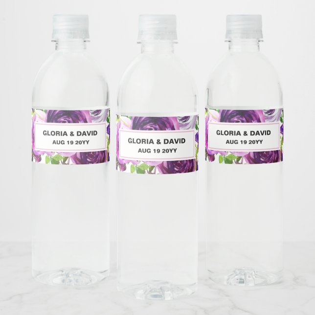Rótulo Para Garrafa D'água Romantic Purple Floral  Water Bottle Label (Garrafas)