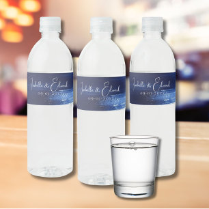 Rótulo Para Garrafa D'água Traços de Pincel Azul e Branco do Marinho Moderno