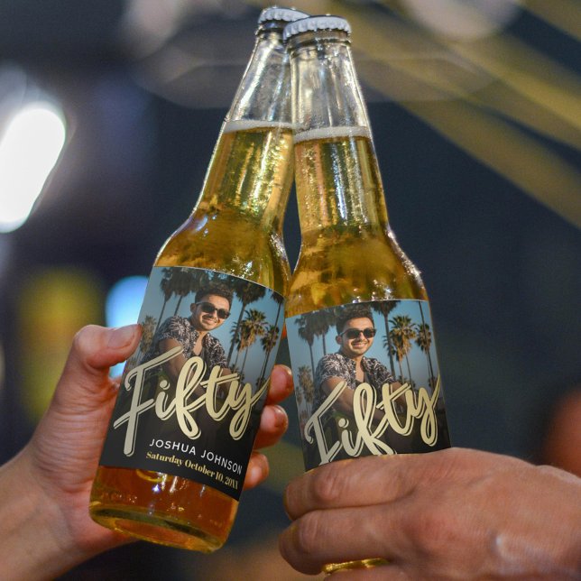 Rótulo Para Garrafa De Cerveja 50ª foto-ouro festa de aniversário preto (Criador carregado)