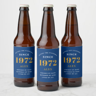 Rótulo Para Garrafa De Cerveja 50º Aniversário Nome 1972 Chic Azul Dourado Eleg