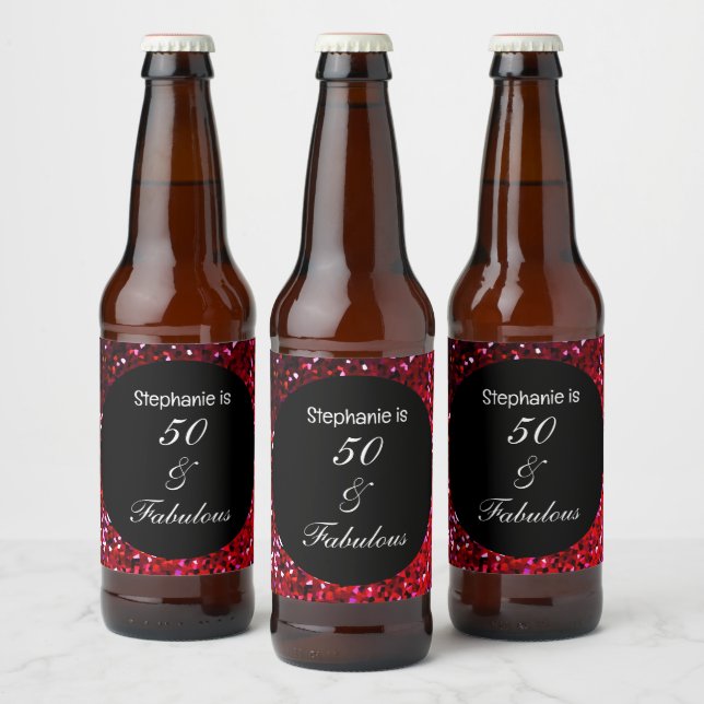 Rótulo Para Garrafa De Cerveja 50 Fabulosa Glitter Birthday Burgundy Vermelho Ros (Garrafas)