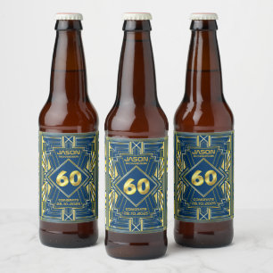 Rótulo Para Garrafa De Cerveja 60º aniversário Art Deco Dourado Excelente Azul 