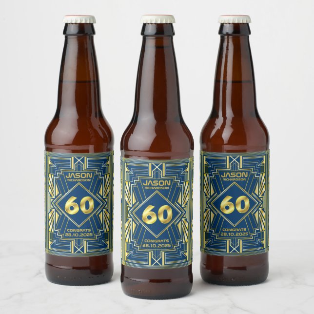 Rótulo Para Garrafa De Cerveja 60º aniversário Art Deco Dourado Excelente Azul Ga (Garrafas)