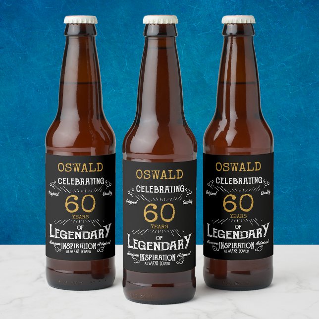Rótulo Para Garrafa De Cerveja 60.º aniversário Dourado negro, lendário engraçado (A personalized elegant 60th birthday beer bottle label)