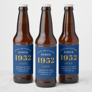 Rótulo Para Garrafa De Cerveja 70 Aniversário Nome 1952 Chic Azul Dourado Elegant