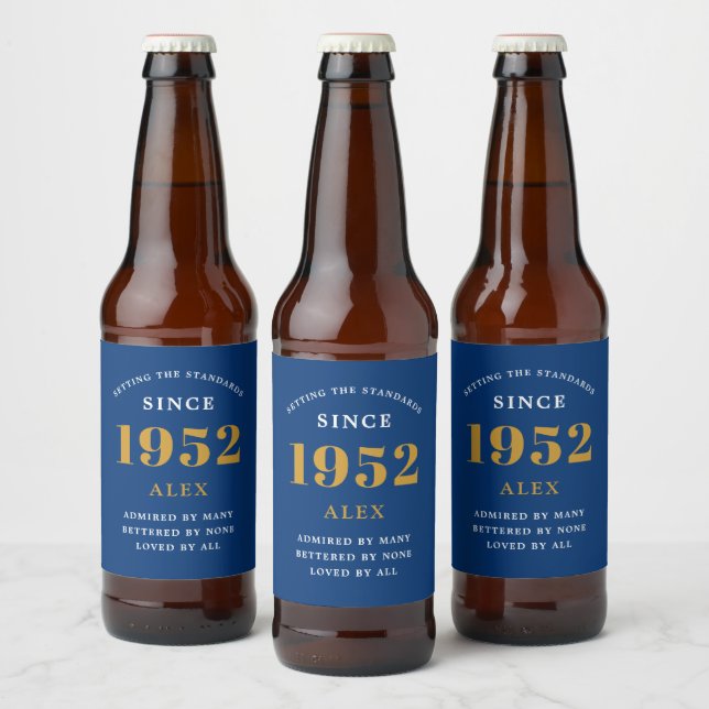 Rótulo Para Garrafa De Cerveja 70 Aniversário Nome 1952 Chic Azul Dourado Elegant (Garrafas)