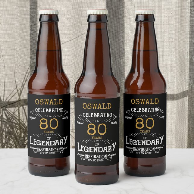Rótulo Para Garrafa De Cerveja 80 Birthday Black Legendny Dourada Engraçado (A personalized elegant 80th birthday beer bottle label that is easy to customize)