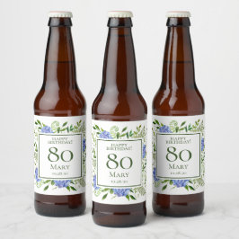 Rótulo Para Garrafa De Cerveja 80 Birthday Blue Hydrangeas