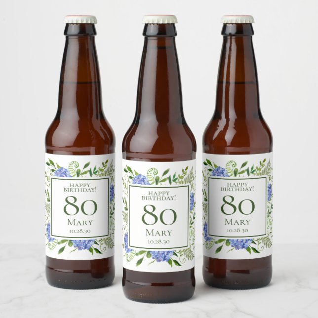Rótulo Para Garrafa De Cerveja 80 Birthday Blue Hydrangeas (Garrafas)