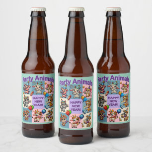 Rótulo Para Garrafa De Cerveja Animais de festa "Feliz Ano Novo"