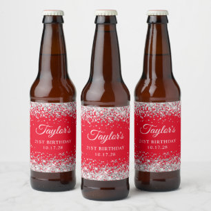 Rótulo Para Garrafa De Cerveja Aniversário de 21 anos de vermelho brilhante prate