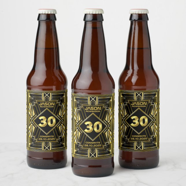 Rótulo Para Garrafa De Cerveja aniversário de 30 anos Art Deco Dourado Excelente  (Garrafas)