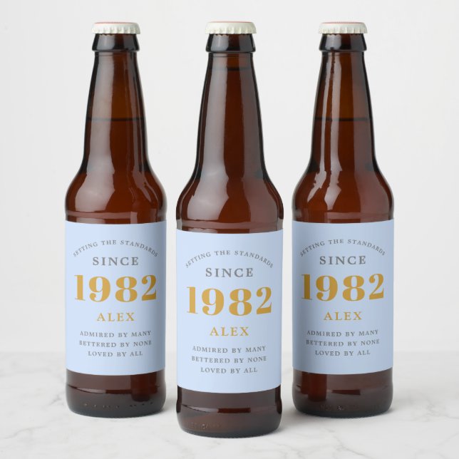 Rótulo Para Garrafa De Cerveja aniversário de 40 anos Name 1982 Blue Cinza Elegan (Garrafas)