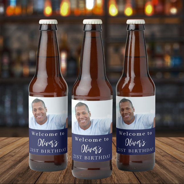 Rótulo Para Garrafa De Cerveja aniversário de boas-vindas marinho azul (Criador carregado)