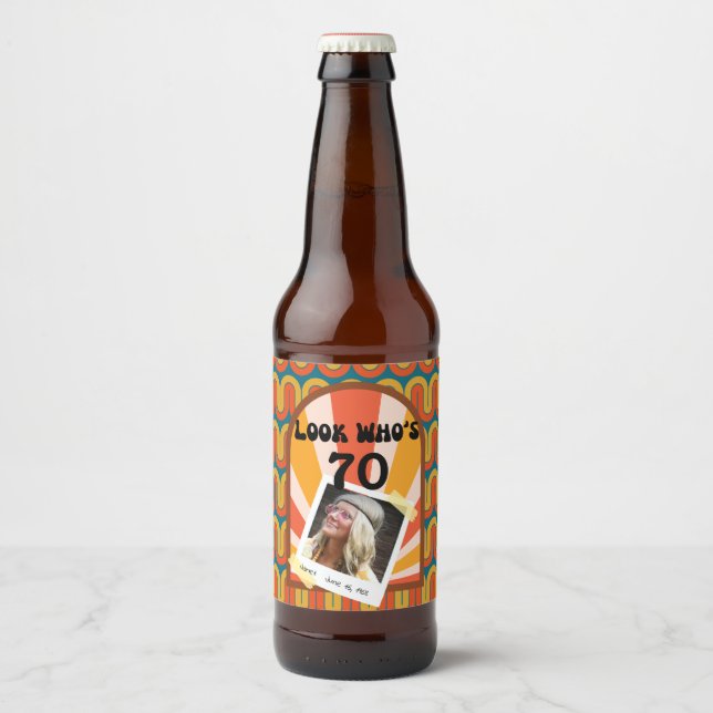 Rótulo Para Garrafa De Cerveja Aniversário do 70 de Foto Personalizado do Hippie  (Frente)