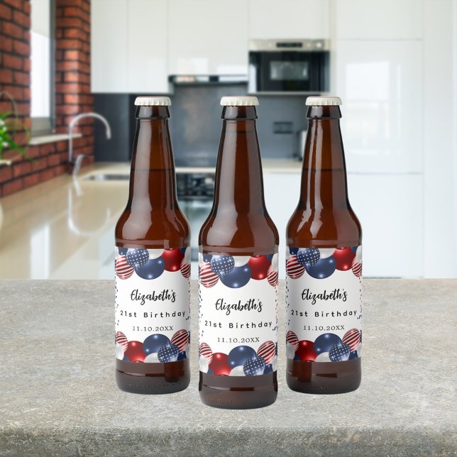 Rótulo Para Garrafa De Cerveja Aniversário patriótico EUA vermelho bandeira azul (Criador carregado)