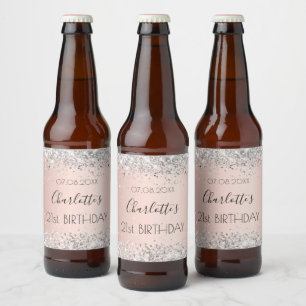 Rótulo Para Garrafa De Cerveja Aniversário rosa dourado nome de prata elegante