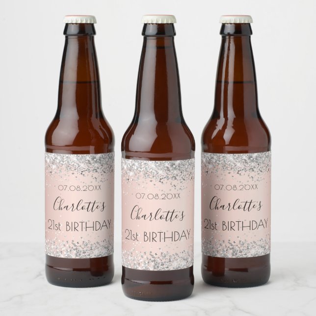Rótulo Para Garrafa De Cerveja Aniversário rosa dourado nome de prata elegante (Garrafas)