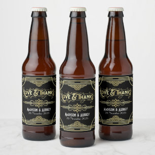 Rótulo Para Garrafa De Cerveja Art Deco Casamento Amor e Obrigados Dourado Favor