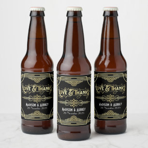 Rótulo Para Garrafa De Cerveja Art Deco Casamento Amor e Obrigados Dourado Preto 