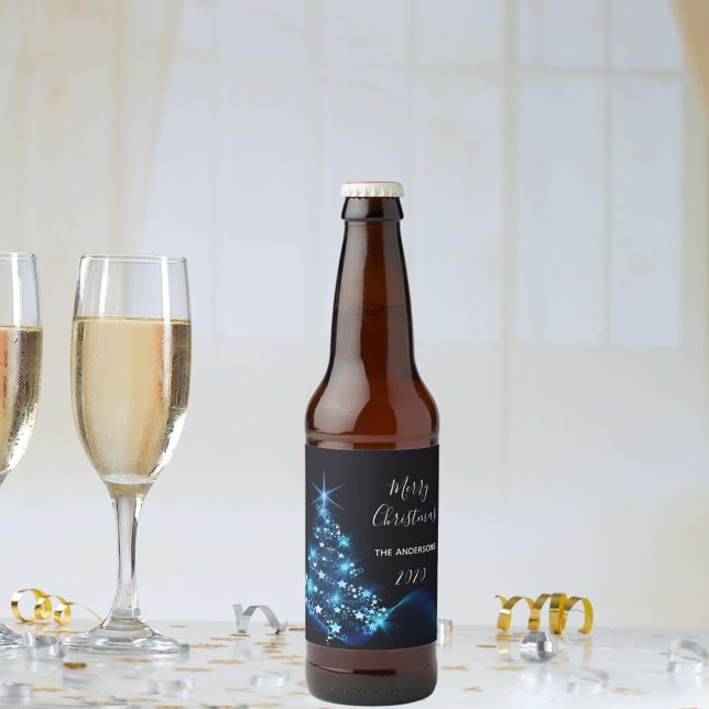 Rótulo Para Garrafa De Cerveja Árvore azul-moderna e negra do partido natalino (Criador carregado)