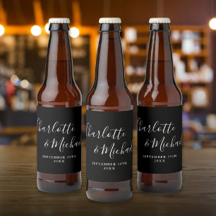 Rótulo Para Garrafa De Cerveja Assinatura Elegante Casamento Preto e Branco