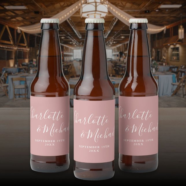 Rótulo Para Garrafa De Cerveja Assinatura Elegante em Script Rosa Empoeirado Casa (Elegant Signature Script Dusty Rose Wedding Beer Bottle Label)
