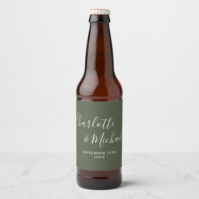 Rótulo Para Garrafa De Cerveja Assinatura Elegante em Script Verde Oliva Casament (Frente)