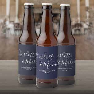 Rótulo Para Garrafa De Cerveja Assinatura Elegante Script Casamento Azul Marinho
