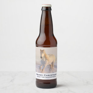 Rótulo Para Garrafa De Cerveja Belo Cavalo Branco Galopando no Natal da Neve