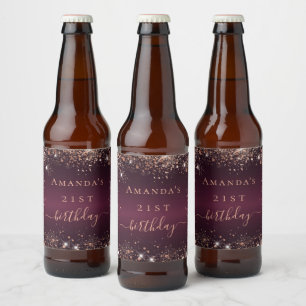 Rótulo Para Garrafa De Cerveja Birthday Burgundy - rosa dourado script