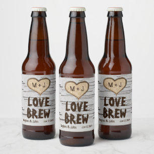 Rótulo Para Garrafa De Cerveja Boas iniciais do coração da árvore de pássaros