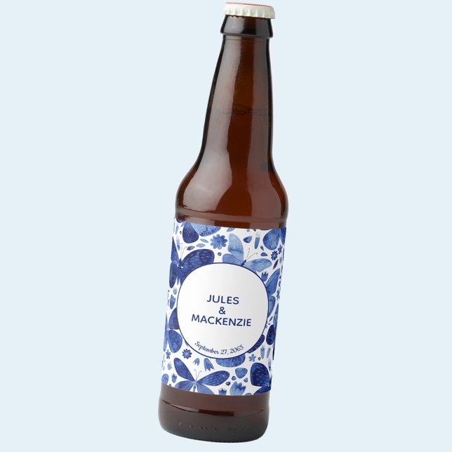 Rótulo Para Garrafa De Cerveja Borboletas Aquarela Azul Indigo (Blue and white watercolor butterfly personalized wedding beer bottle label)