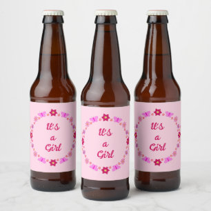 Rótulo Para Garrafa De Cerveja Borboletas e flores de bebê cor-de-rosa personaliz