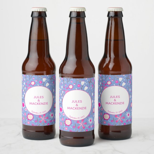 Rótulo Para Garrafa De Cerveja Botanical Blue Wildflower Floral Pattern Wedding (Garrafas)