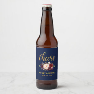 Rótulo Para Garrafa De Cerveja Brindes de Casamento Floral Azul Borgonha Dourado