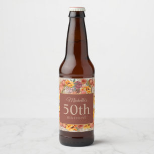 Rótulo Para Garrafa De Cerveja Burgundy Orange Cream Floral Nome de Aniversário I