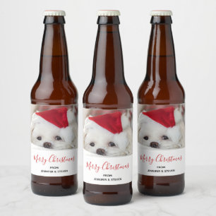 Rótulo Para Garrafa De Cerveja Cachorro Branco bonito num chapéu de Natal Vermel