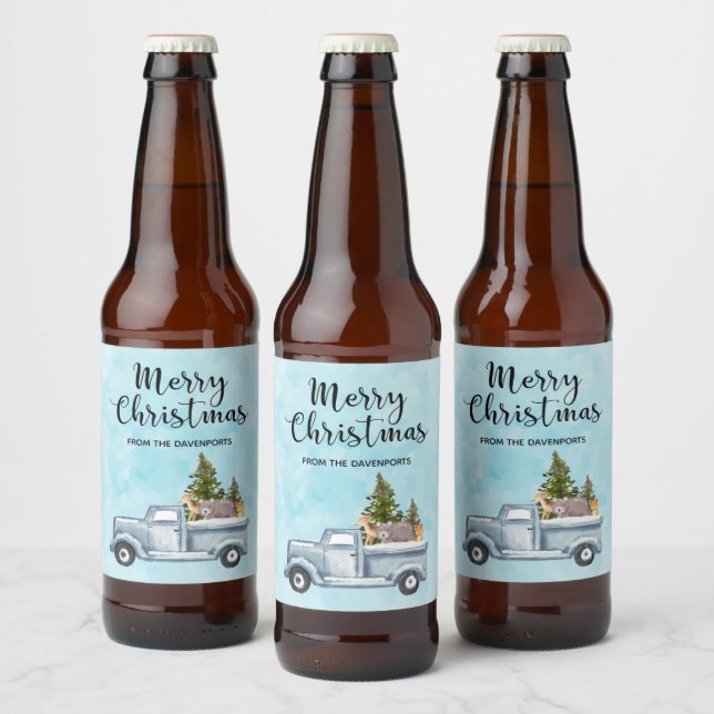 Rótulo Para Garrafa De Cerveja Caminhão de Natal com Pinheiros e Animais Floresta (Garrafas)