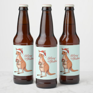 Rótulo Para Garrafa De Cerveja Canguru Festivo Com Chapéu de Papai Noel Férias de
