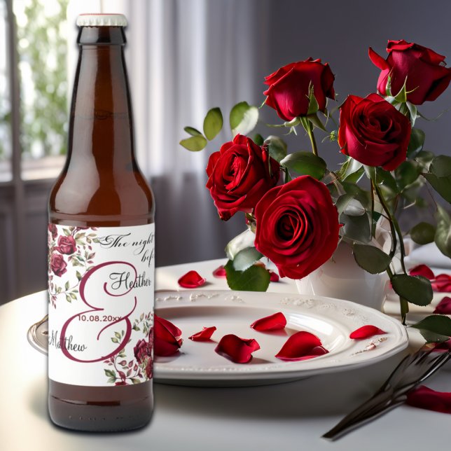 Rótulo Para Garrafa De Cerveja Casamento "A Noite Antes" da Burgundy Floral Moder (Criador carregado)