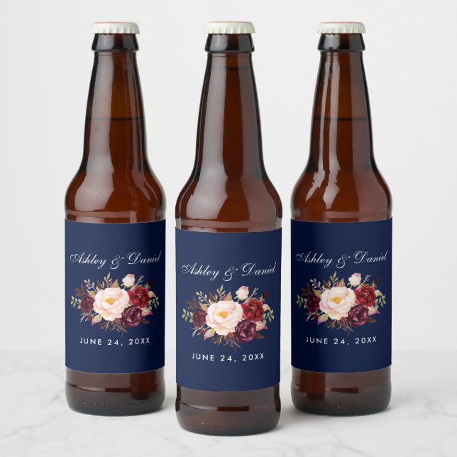 Rótulo Para Garrafa De Cerveja Casamento Azul Floral Burgundy (Garrafas)
