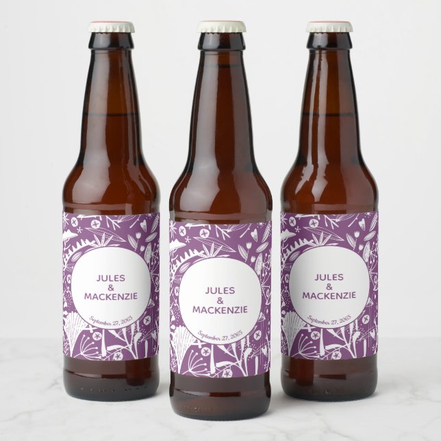 Rótulo Para Garrafa De Cerveja Casamento Botânico Roxo Moderno (Garrafas)