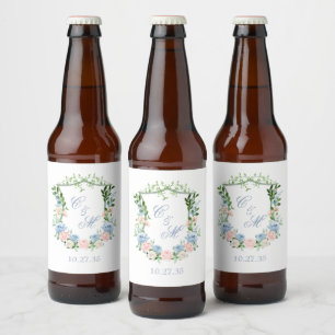 Rótulo Para Garrafa De Cerveja Casamento com Crista Floral Azul Empoeirado