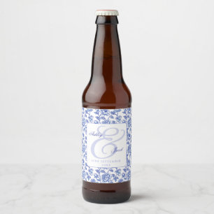 Rótulo Para Garrafa De Cerveja Casamento de Ampersand Floral Azul Elegante