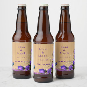 Rótulo Para Garrafa De Cerveja Casamento de Borboleta Floral Roxa de Madeira Rús