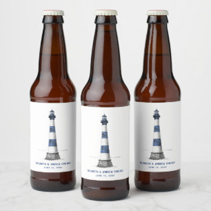 Rótulo Para Garrafa De Cerveja Casamento de Farol de Stripe Azul e Branca